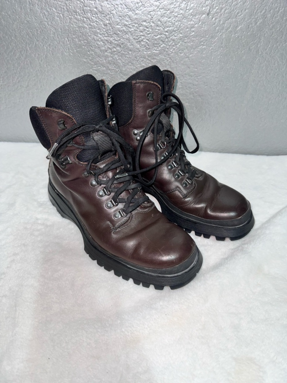 Prada Men's Dark Brown Leather Lace-Up Hiking Boots